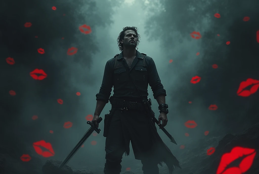   The background is black fog . and、 There are countless real red lipstick kiss marks floating there。In the center, an adventurer man is brandishing his sword as if he had touched it。
