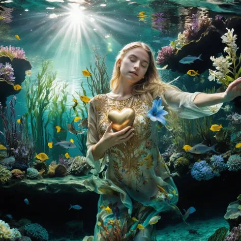  A captivating one woman with hair decorated with flowers ,  floats in a lush underwater garden ,  holding a golden heart .

 The composition of the image If focuses on a woman who floats amidst lush underwater vegetation ,  creating a feeling of peace and...