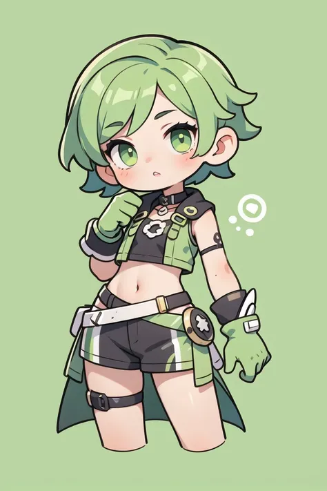 cute girl short green hair green eyes green gloves, correct hand post