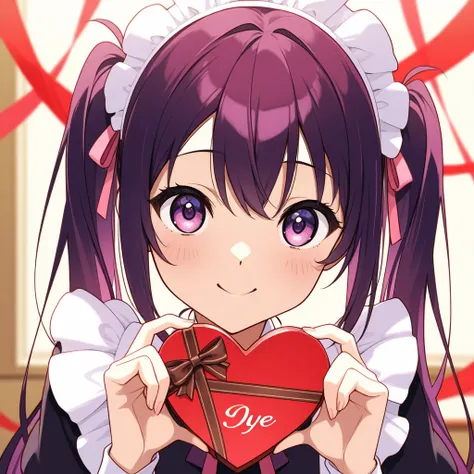 「 putting together her long dark reddish purple hair like twin tails 、 an illustration of a girl wearing pink maid clothes and a white apron 、 smiling and holding out an elegant box filled with heart-shaped chocolate with both hands。Girl's eyes are big 、 h...