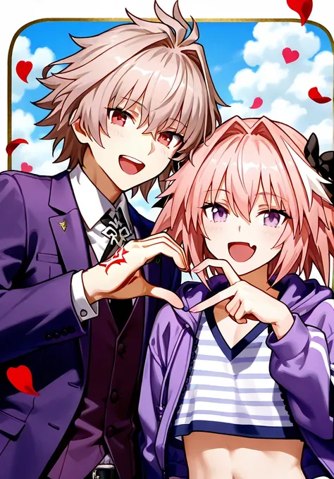 (2boys:1.2), general, heart hands, outdoors, falling rose petals, heart border background, \:d laughing, looking at the viewer, (hands together:0.5), (traditional media:0.7), fisheye ADDCOMM sieg \(fate\), collared shirt, vest, command spell ADDCOL astolfo...