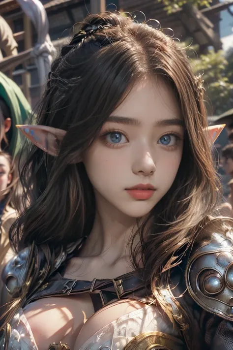 (( masterpiece、 top quality、最 high image quality、 high image quality、 by Nomi、 RAW Photo、8k))、 Elf Girl 、( elf ears)、solo、(Perfect Eyes、 green eye、 big eyes:1.3)、Thin Nose、 long lashes、 beautiful face、 ((Adventurers:1.5))、(Showcasing cleavage、Massive Breas...