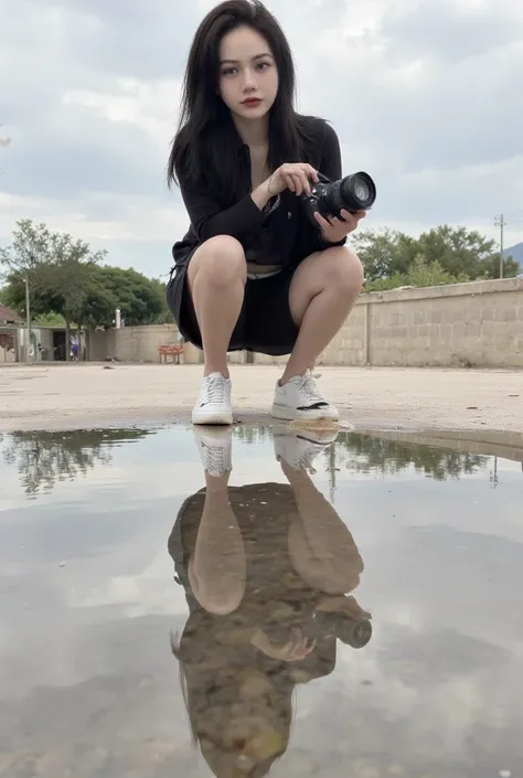 Someone beautiful Asian woman with long hair unravels looking at the camera is holding a huge camera and taking a photo from a low angle.  The person is wearing white Nike shoes with a black logo ,  cargo shorts in black , and black jacket . 

 The reflect...