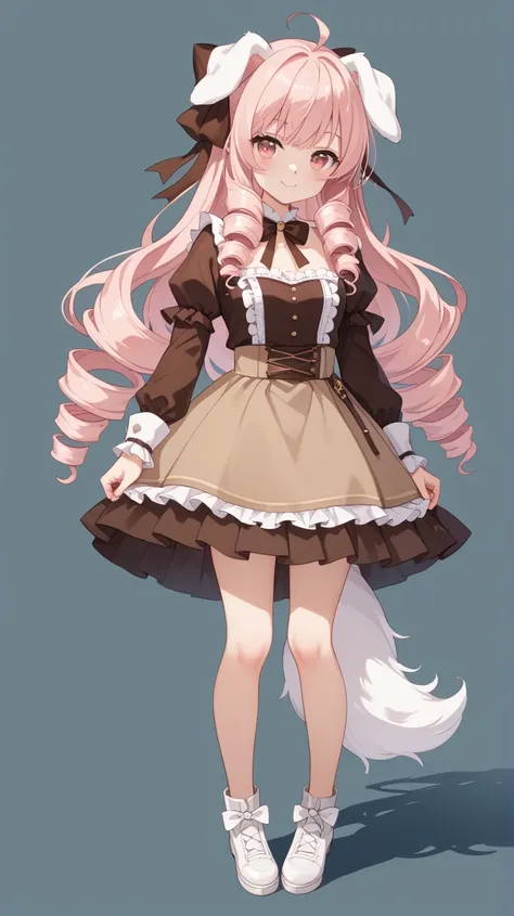 高めの drill twin tail　Droopy white dog ears   cuteデザイン,  the most beautiful girl I've ever seen、 deformed　pink eyes 　 plain background　 1 girl, drill twin tail,  light pink hair　Droopy white dog ears , 縦巻き fluffy浮いてる　cute white and brown dress　Put a brown ri...