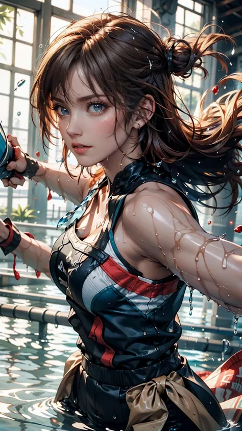  masterpiece,  top quality, ( Dynamic Poses:0.5),   is ridiculous,  1 girl,   battle pose ,  punch water, (Attacking with water:1.5)  wet close, Wet Hair, Wet Face,  water behind people, Multicolored Hair, (wind:1.4)