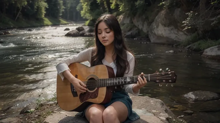 The song combines the beauty of nature with the deep emotional connection of love contained by the sound of the earth and the passion of the guitar played by a woman whose spirit is as boundless as the earth around her as she sits by the river. Full body, ...