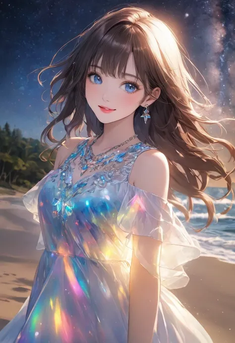 (  masterpiece、  top quality、8k、  Hi-Res)、  1 female、 beautiful face、  beautiful eyes、  beautiful lips、Beautiful Nose、Brown Hair、 moderate bust、 perfect style、smile、  jewelry、  necklace、 colorful white and blue dress 、(whole body)、 Sandy beach with forest ...