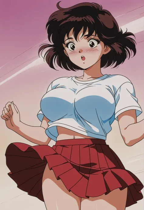 sysdeep_Tomoko,  dark brown hair ,  dark eyes,Short Hair Anime Coloring ,  retro art style, glamorous, t-shirts, pleated skirt,( surprised),( Embarrassing),(blush),(Big Breasts:1.2),belly button,(Strong winds:1.3),(wind lift:1.3),(skirt lift:1.3)