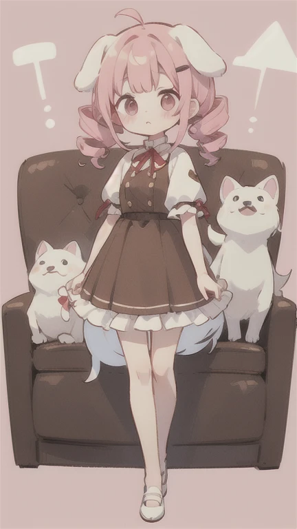 高めの drill twin tail　Droopy white dog ears   cuteデザイン,  the most beautiful girl I've ever seen、 deformed　pink eyes 　 plain background　 1 girl, drill twin tail,  light pink hair　Droopy white dog ears , 縦巻き fluffy浮いてる　cute white and brown dress　Put a brown ri...