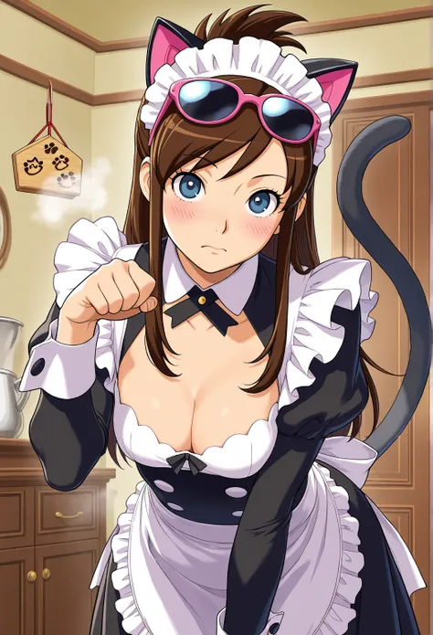 high resolution picture, masterpiece, best quality, amazing quality, official art, solo, 1girl,  ema from ace attorney, 1girl,  ema skye, brown hair, half updo, blue eyes
sunglasses, eyewear on head, small breasts, ,               (curvy), BREAK ((maid,cle...