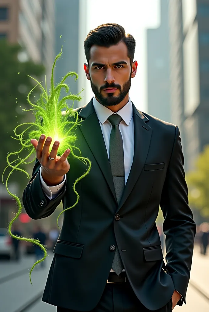 Handsome and young tall and strong Arab man with a short beard in a black suit wearing a black shirt and gray tie using plant magic