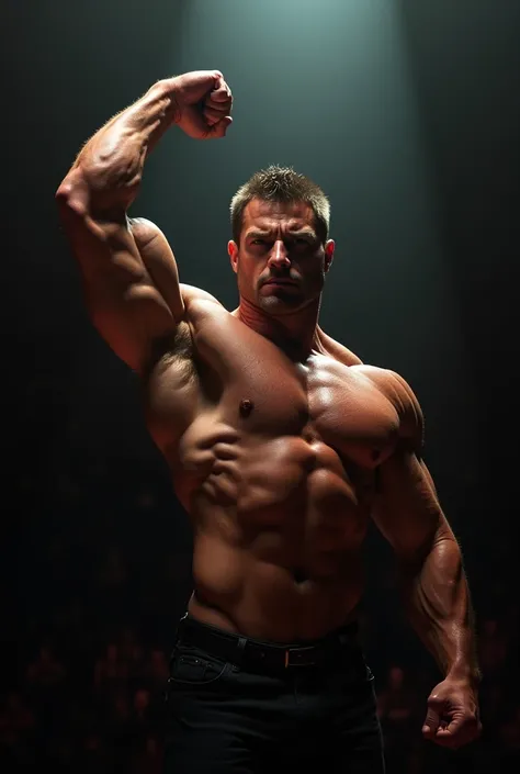 A bodybuilder flexing his right arm in a theatre