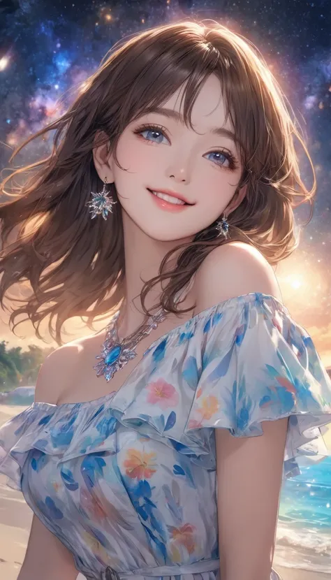 (  masterpiece、  top quality、8k、  Hi-Res)、  1 female、 beautiful face、  beautiful eyes、  beautiful lips、Beautiful Nose、Brown Hair、 moderate bust、 perfect style、smile、  jewelry、  necklace、 colorful white and blue dress 、(whole body)、 Sandy beach with forest ...