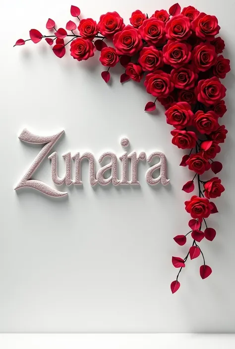 Create a picture Name of Zunaira
in embossed on white wall and red roses fills on wall 