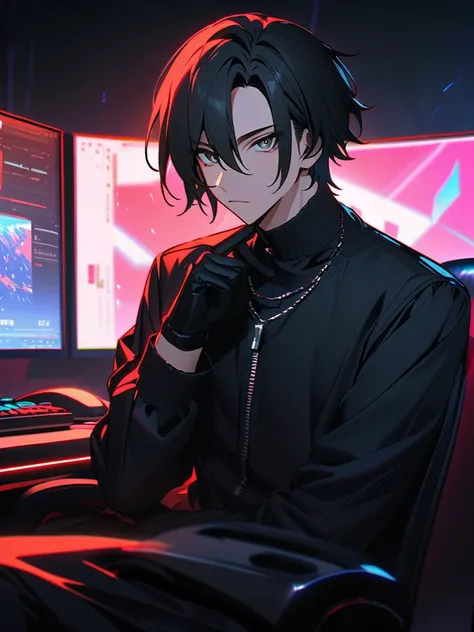  1 Man, Young man,男らShii,Fair skin, black hair,Rin々Shii, handsome, is cool,Black clothing,Short Hair,bangs,cool, expressionless, gray eyes,Black uniform, black gloves,  gaming chair , top quality,  Hi-Res,  Unity 8k Wallpaper, ( illustrations:0.8),( perfec...