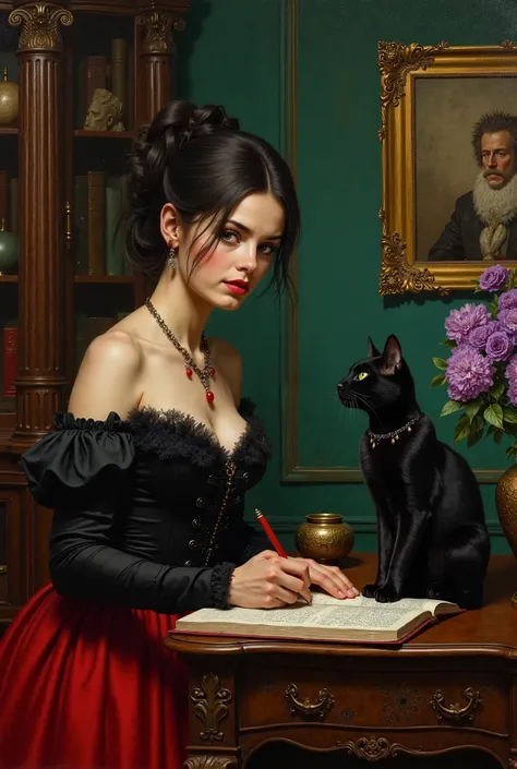 Une peinture style 19eme siècle ambiance cabinet de curiosité. Le sujet central : une femme en train d’ecrire pendant que son chat noir aux yeux verts la regarde. La femme est un peu pulpeuse (pas obèse, mais avec une poitrine généreuse et joliment proport...