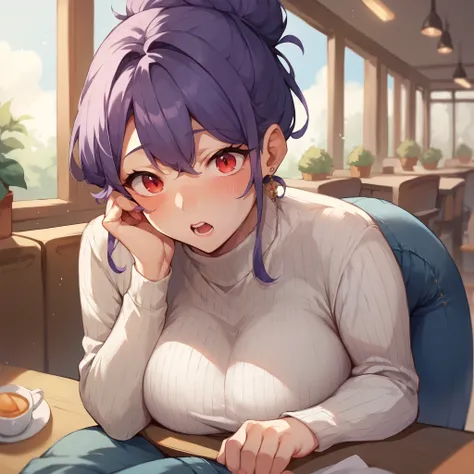 a MILF with purple hair tied in bun and red eyes. she is wearing a white sweater and blue jeans. she looks surprised and blushing as she stands sits across from you in a cafe. pov