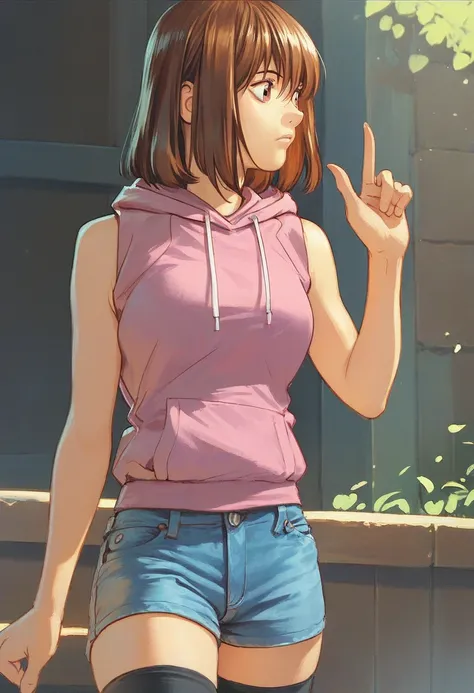 score_9,score_8_up,score_7_up,
asuminase,1girl,solo,
brown hair,medium hair,bangs,
brown hair,medium hair,bangs,brown eyes,looking to the side,sleeveless hoodie,denim shorts,black thigh highs,cowboy shot,facing viewer,standing,raised finger,