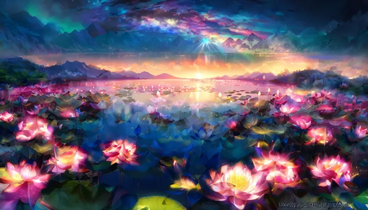 超 high image quality, high image quality, high quality , Spectacular Scenery , Magnificent Pure Land of Paradise ,((Heavenly world)),((( A large group of huge and very beautiful lotus flowers that fill the surface of the lake))),(((There are 100000 lotus...