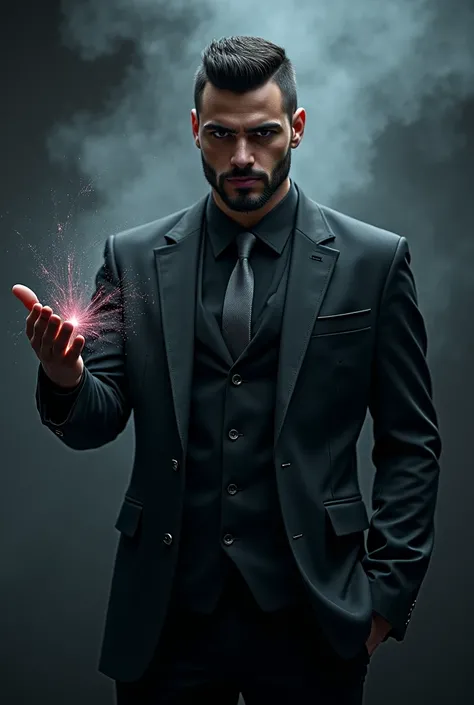 Handsome and young tall and strong Arab man with a short beard in a black suit wearing a black shirt and gray tie using magic of darkness and shadows