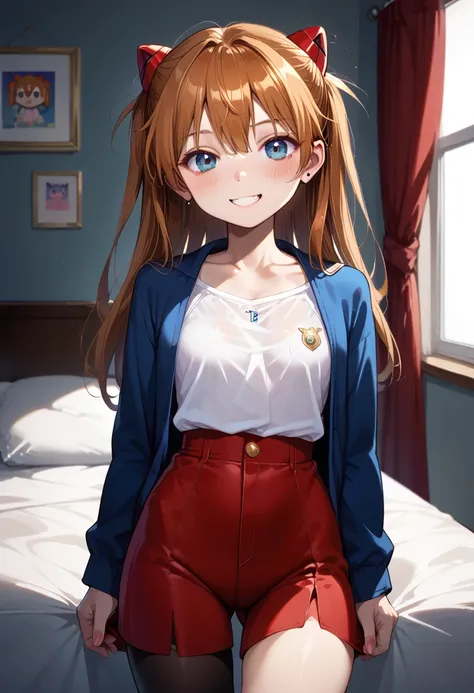 (( top quality)), (( Masterpiece)), (be familiar with),  perfect face ,  indoor, bedroom,  watching viewers,
One woman,  Soryu Asuka Langley ,
開いた口,  ecstatic expression, blush, smile,
 small tits,  file, Young girl,  lori,  s,  girl,
 long hair,  two side...