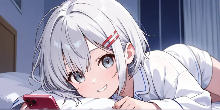  Silver Hair、 short hair、Bob、A hairpin is attached to the right、 looking over here 、 Smiling、 is lying down、Japanese-style room、 white pajamas 、I'm using a smartphone