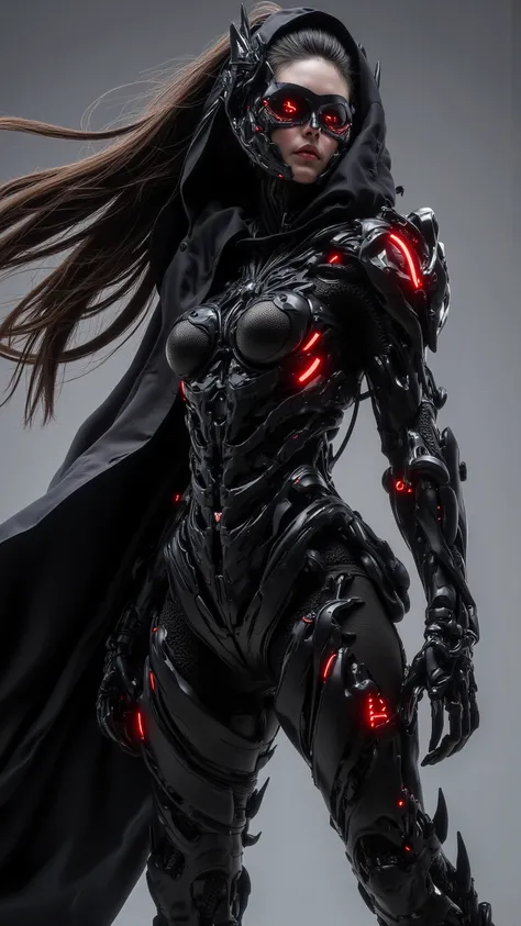  Futuristic and smooth electronic female body black cloak armor， with glowing red highlights ， exuding combat posture ，With Liu Hai 、flowing long hair、 Dark eye shadow and red lips ， Handheld Kriss Vector miniature submachine gun ， resolution up to 8K ， De...