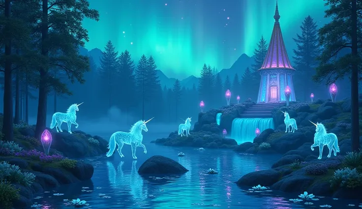  glass a small cyan waterfall of cyan water ,  cyan tone fluorescent rainbow-colored waves rolling through the forest {x} the temple has 3 small balls of precious cyan light on the top,  at night,  clear sky con la  northern lights cyan  de color cian,  fl...