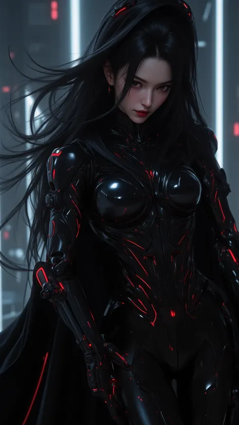  Futuristic and smooth electronic female body black cloak armor， with glowing red highlights ， exuding combat posture ，With Liu Hai 、flowing long hair、 Dark eye shadow and red lips ， Handheld Kriss Vector miniature submachine gun ， resolution up to 8K ， De...