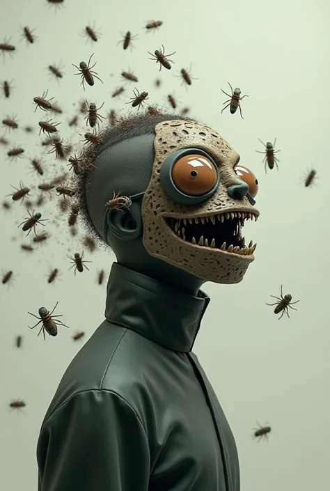 The fly has to be a person wearing an animated fly mask with lice falling from their head