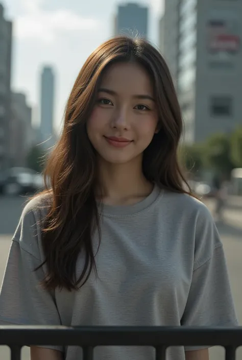 1 beautiful girl, sporty, Long wavy hair, Sparkling eyes,No makeup, smile, Oversize T-Shirt, Front of fence , Big city,  get closer , ( from below:1.2), (Realistic images:1.2), (  ultra realistic  :1.3), ( many details :1.1), (( Masterpieces)), การเรนเดอร์...