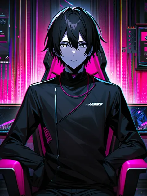  1 Man, Young man,男らShii,Fair skin, black hair,Rin々Shii, handsome, is cool,Black clothing,Short Hair,bangs,cool, expressionless, gray eyes,Black uniform, black gloves,  gaming chair ,stylish room wallpaper, top quality,  Hi-Res,  Unity 8k Wallpaper, ( illu...