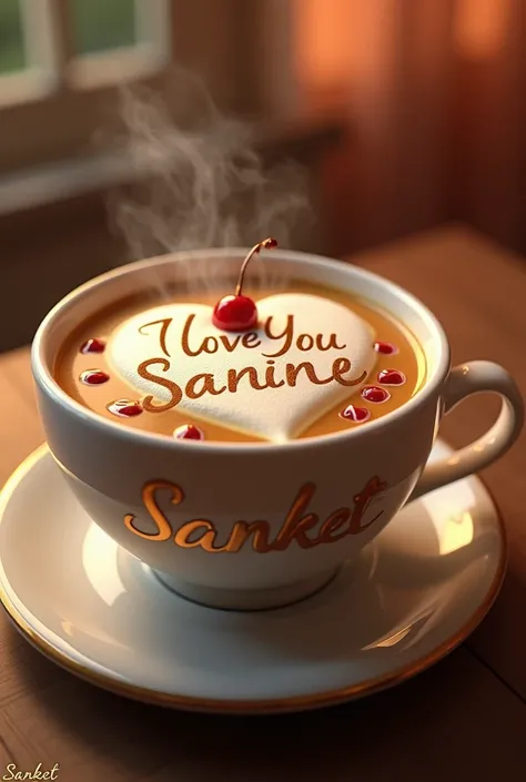 A 3D render of a coffee mug with the name Sanket in elegant golden cursive letters in heart shape filled with steaming coffee. The coffee has a maraschino cherry in it. A foam heart art of "I Love You Sanket" in elegant golden cursive letters is made on to...