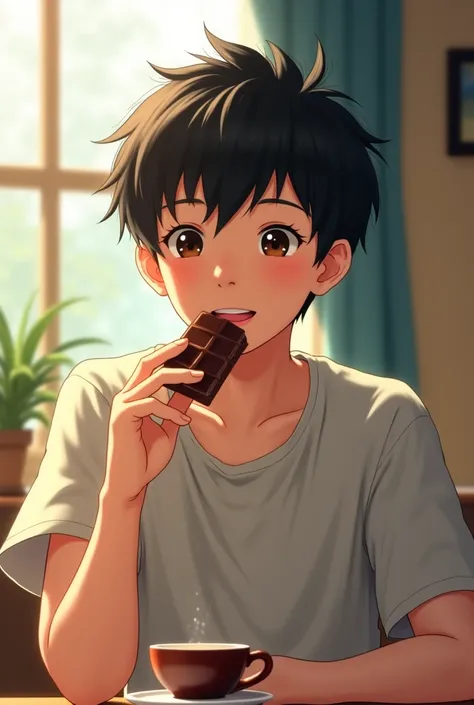 High school boy, lean skinny body, twink, handsome, Japanese, short hair, eating chocolate, Happy face,