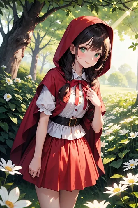 1girl, Little Red Riding Hood, wearing a classic red hood and cape, with a white blouse and a simple red skirt. She has long wavy brown hair and bright green eyes. She is smiling warmly and looking to her right. Her expression is cheerful and inviting,
sta...