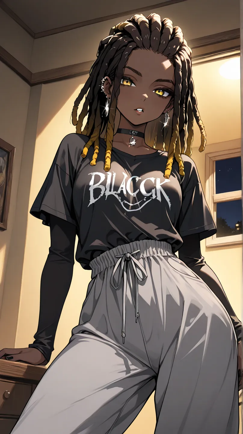 1Girl, Mature, Ebony, African American, Dark Brown Skin, Jet Black Long Dreadlocks, Straight Dreadlocks Pulled Back, Shiny Hair, Bright Yellow Eyes, Black Nails, Dark Brown Eye Shadow, Medium Chest, Baggy Black High-Cut Long-Sleeve Shirt, Grey Baggy Pajama...