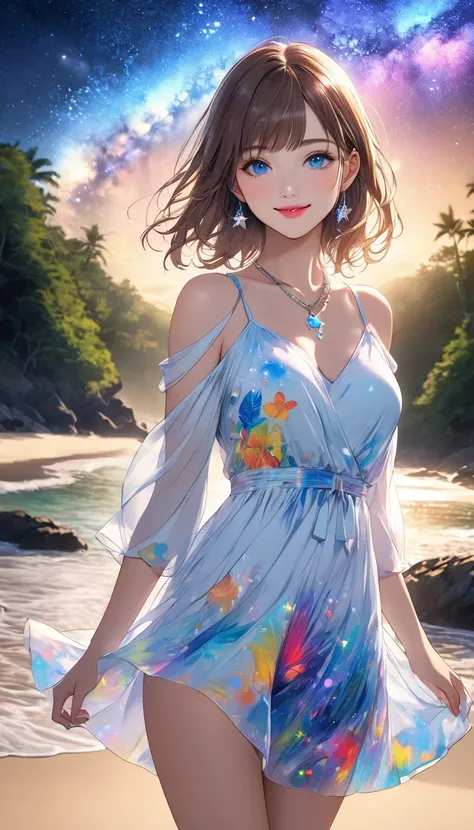 (  masterpiece、 top quality、8k、 Hi-Res)、  1 female、Perfect face 、 beautiful eyes、 beautiful lips、Beautiful Nose、Brown Hair、 moderate bust、 perfect style、smile、 jewelry、 necklace、 colorful white and blue dress 、(whole body)、Sandy beach with forest views 、Br...