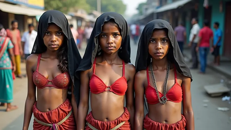  Portrait, front view,Indian Girls 3, , White skin,Thin figure,  very big breasts,  wearing red bra , old Indian Native pants,Everyone has a black cloth covering their heads , , standing, gesturing, asking for money,Holding out his hand to ask for money,On...