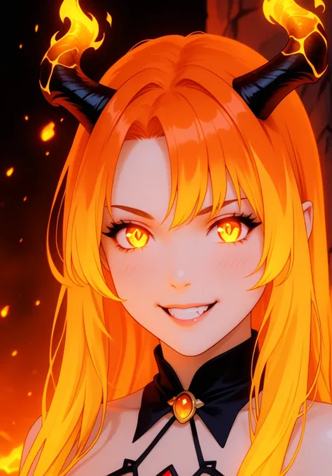 A close-up portrait of a demon woman with molten lava-like cracks on her skin, her fiery eyes glowing intensely. Her horns are jagged and sharp, resembling molten stone, and her expression is one of wrath and destruction, with flames flickering around her ...