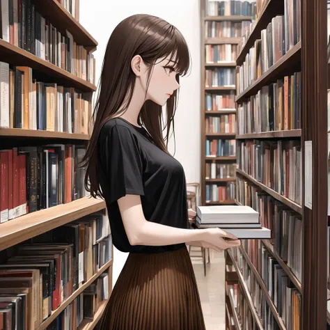 22 year old woman, dark brown hair, hazel eyes, slender yet soft build, reader,1girl, Solo, Long Hair, Simple background, From Side, bookstore, books, black blouse, corduroy skirt, ultra realism