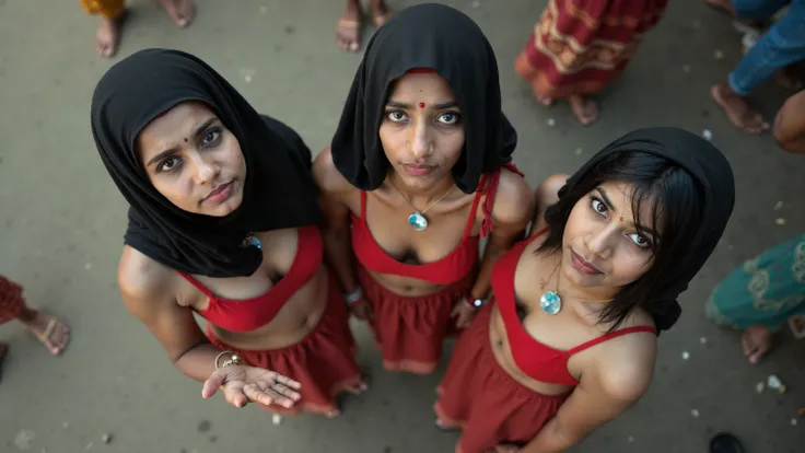  Portrait, top view,Indian Girls 3, , White skin,  very big breasts,  wearing red bra , old Indian Native pants,Everyone has a black cloth covering their heads , , standing, gesturing, asking for money,Holding out his hand to ask for money,On the side of t...