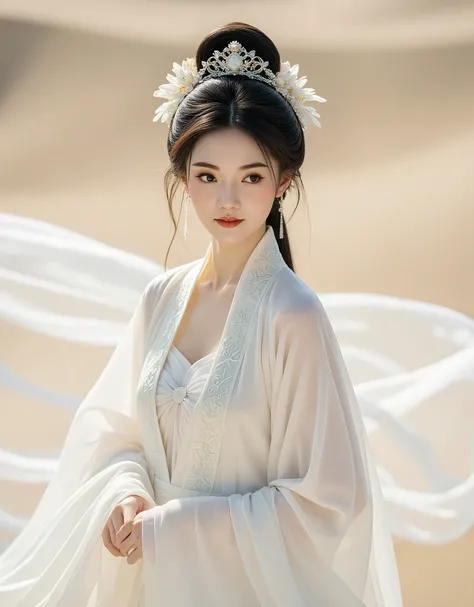 Hairstyle girl tied behind in a bun, with  (( with a Chinese queen's high hair bow, with a chandelier, flowers ))  in an all white antique hanfu dress, light green long skirt with long fabric, fluttering ((The back is a desert  ))  Full body smiling 