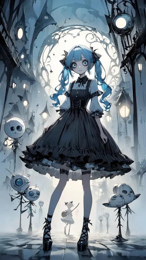 Tim Burton Style、Two-dimensional、Light Blue pigtails、