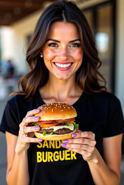  A beautiful woman ,  smiling,  wearing a black and yellow t-shirt written Sandubão Burguer, holding a burger 