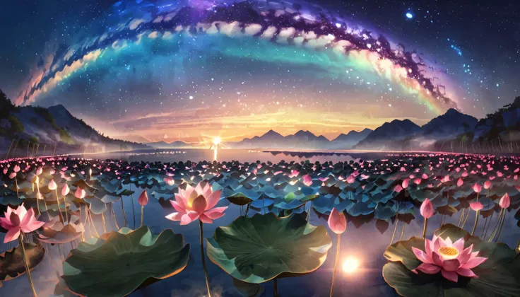 超 high image quality , high image quality , high quality , Spectacular Scenery , The majestic Pure Land paradise ,((( A large group of huge and very beautiful lotus flowers that fill the surface of the lake))),((( 1000 lotus flowers blooming...