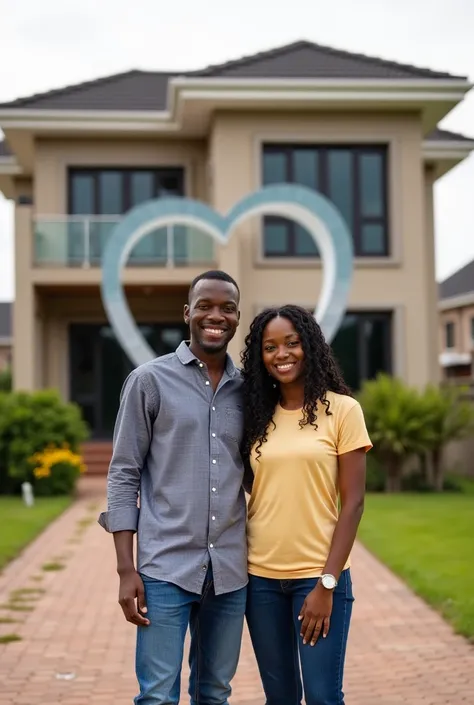 Un jeune couple camerounais souriant devant une belle maison moderne, typique des quartiers résidentiels de Douala ou Yaoundé, avec un jardin bien entretenu. Un grand cœur symbolique en transparence derrière eux, donnant une atmosphère chaleureuse et sécur...