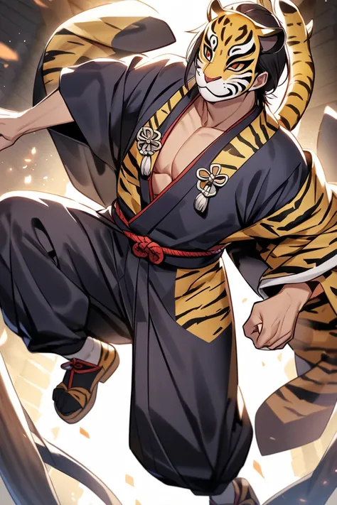  black hair　 dark blue kimono 　 Night Shrine　Young Man Wore a Tiger Mask