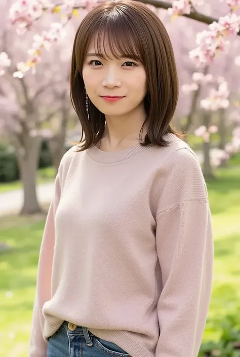 「 Japanese women、２０Early 20s、with black short hair,、 has a gentle smile 。 She has a pink casual sweater and 、She's wearing denim jeans 。 there's a spring park with cherry blossoms blooming in the background。A soft light shines on her face、 There's a serene...