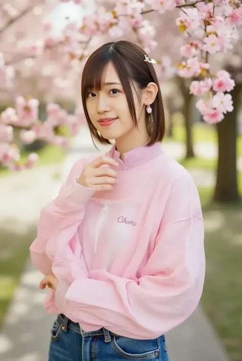 「 Japanese women、２０Early 20s、with black short hair,、 has a gentle smile 。 She has a pink casual sweater and 、She's wearing denim jeans 。 there's a spring park with cherry blossoms blooming in the background。A soft light shines on her face、 There's a serene...