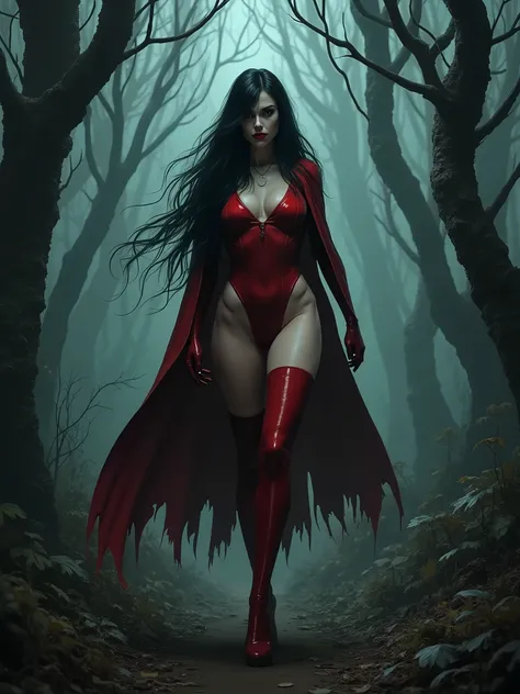 Vampirella, ( created by Forrest J. Ackerman) walks in a dark forest